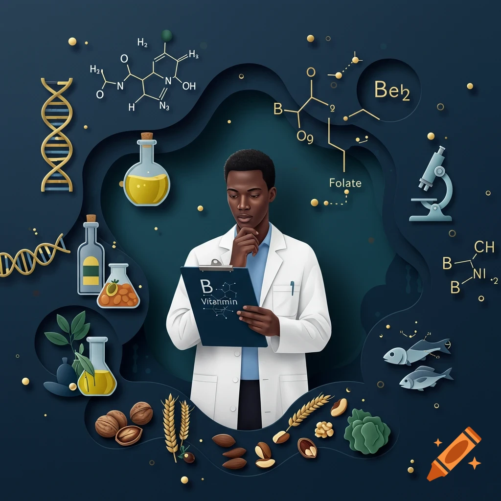 Layered paper-cut illustration of an African male scientist examining a clipboard, surrounded by chemical structures, DNA, lab equipment, and healthy foods.