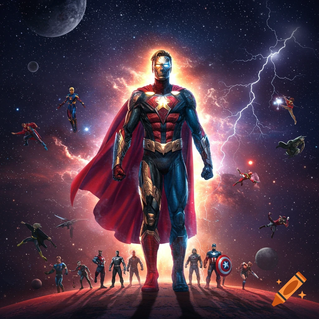 A powerful superhero with a red cape and glowing chest stands on a planet in a starry cosmos, surrounded by many other flying and standing superheroes.