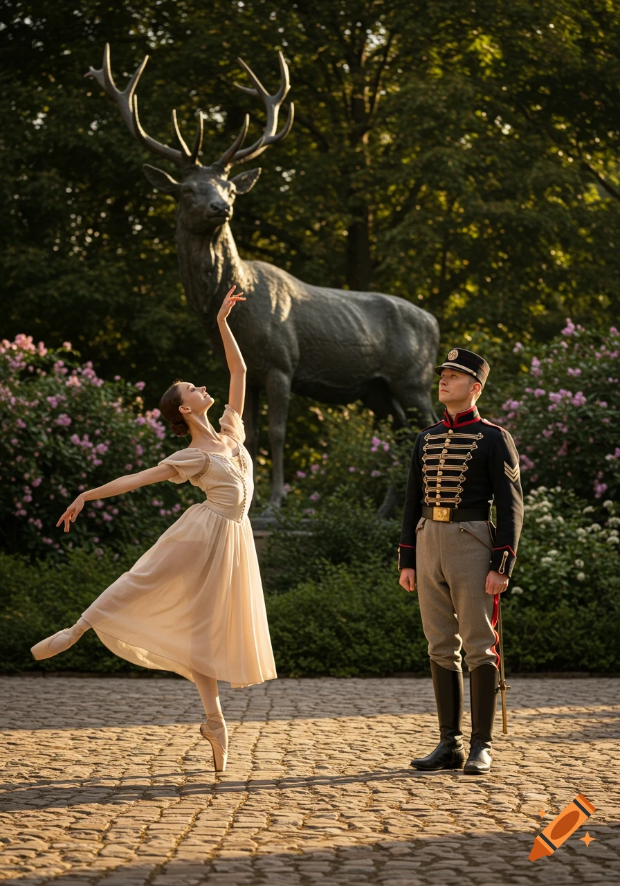 A ballet dancer and a soldier in uniform stand in a cobbled courtyard with a large stag statue and greenery.