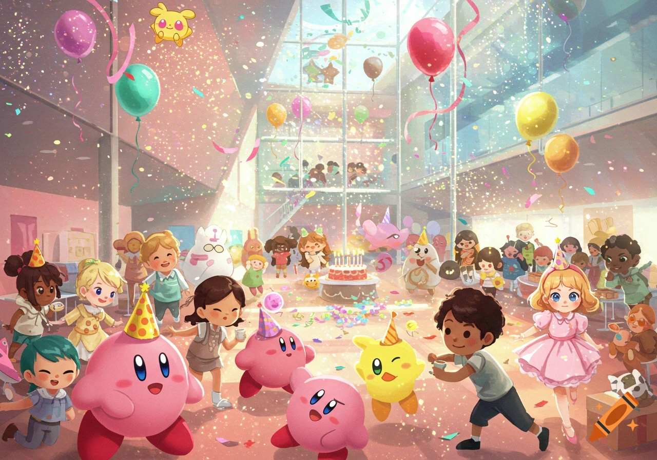 Vibrant anime-style birthday party with diverse kids and Kirby characters, balloons, and confetti in a bright modern building.