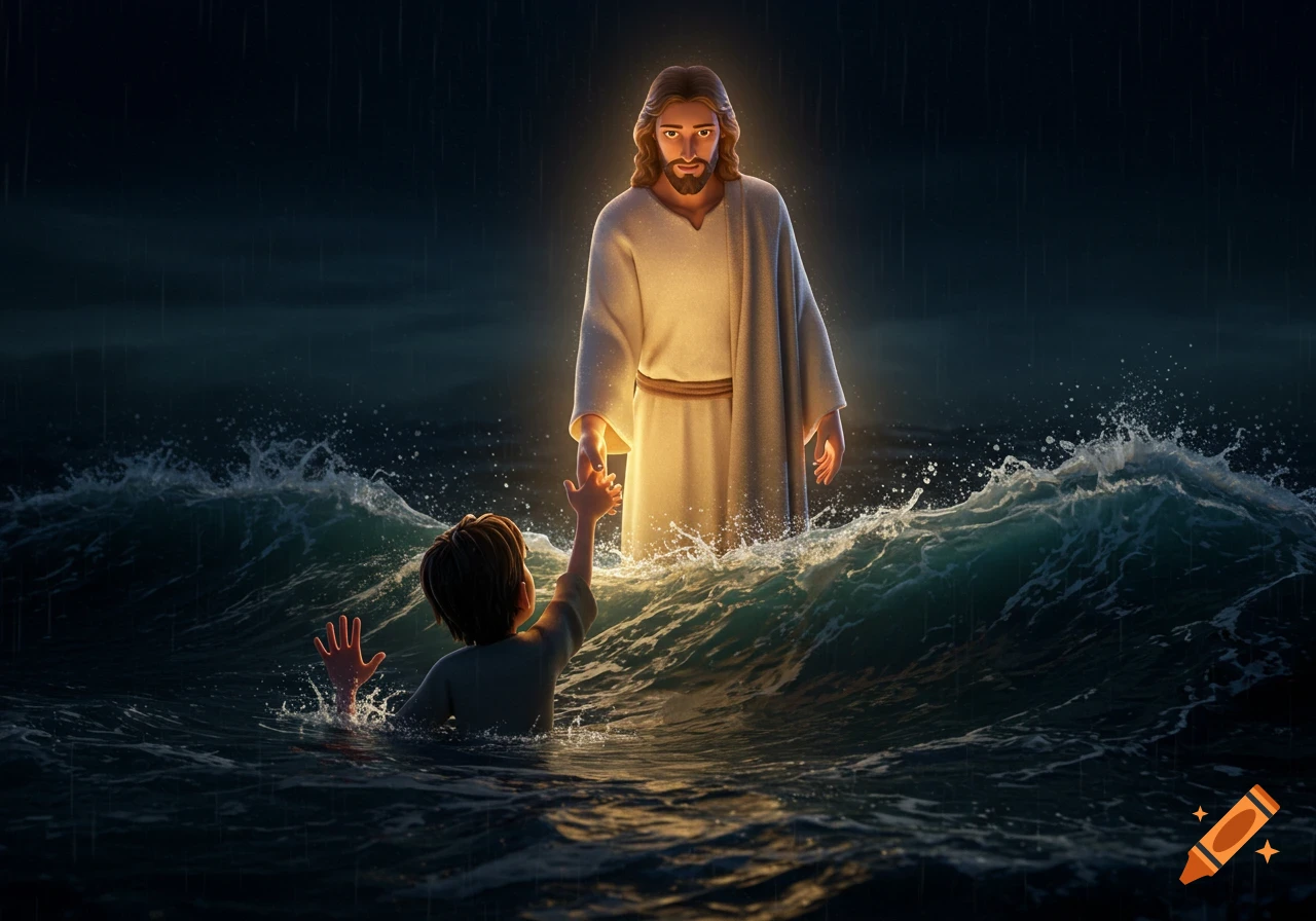 Jesus with a glowing robe stands on stormy waves, reaching out to save a child drowning in the water, in a Pixar-style animation.