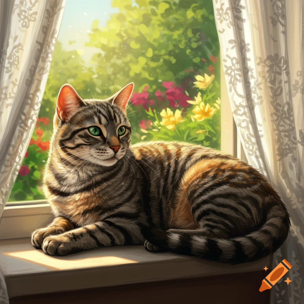 A tabby cat with green eyes rests on a sunlit windowsill, gazing at a lush garden with colorful flowers outside.