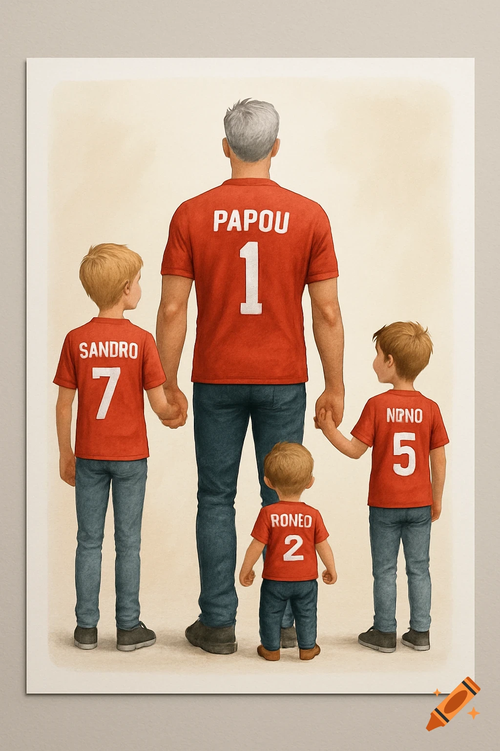 Illustration of a grandfather and three boys, seen from behind, holding hands, wearing red football shirts with names and numbers on their backs.