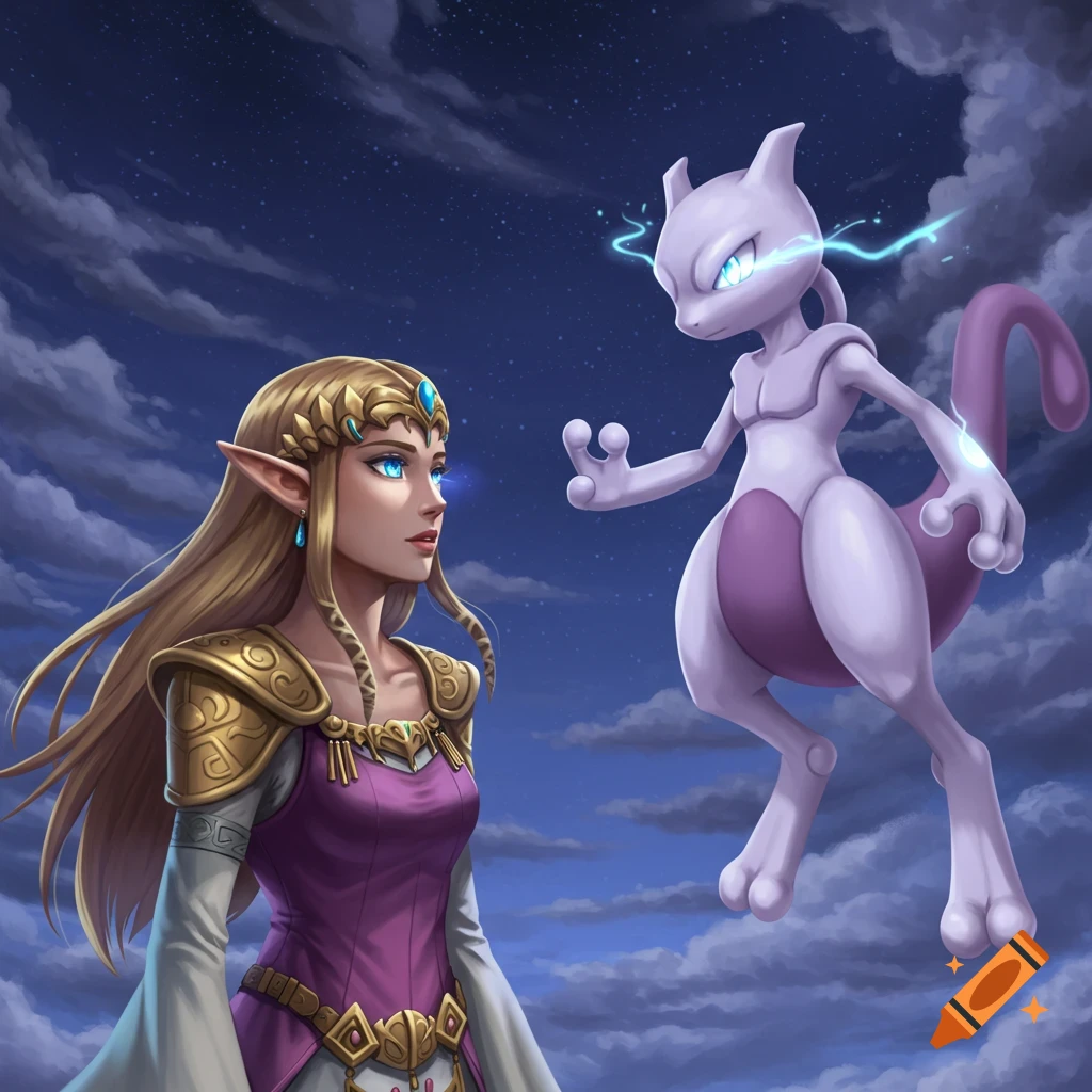Zelda and Mewtwo face each other with glowing eyes against a starry night sky, digital illustration.