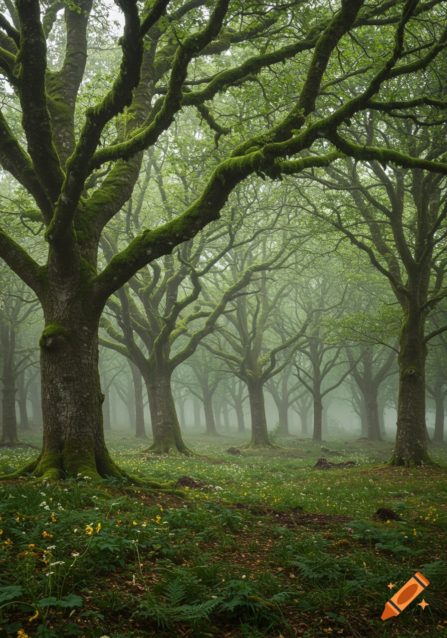 A misty, moss-covered forest with ancient trees and wildflowers on the forest floor, evoking a fantasy-like atmosphere.