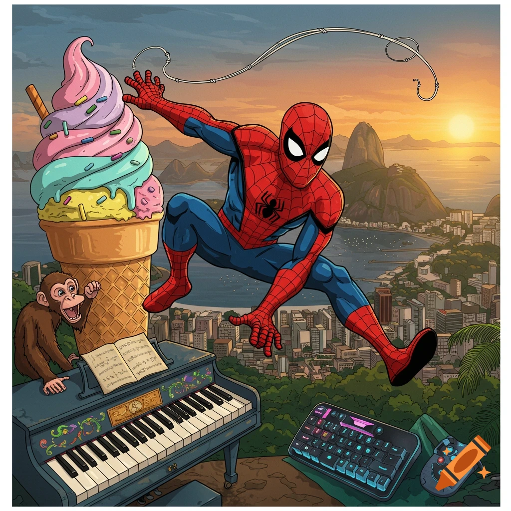 Cartoon Spider-Man swings over a city in Brazil, next to a giant ice cream cone, a monkey, a piano, and a gaming keyboard at sunset.