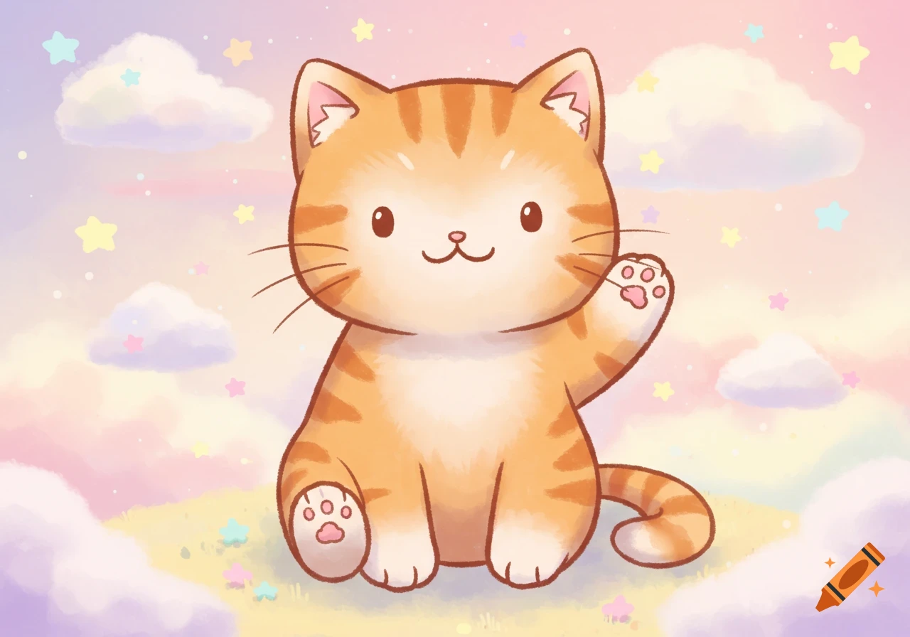A cute, cartoon orange tabby cat waving in a pastel sky with clouds and stars.