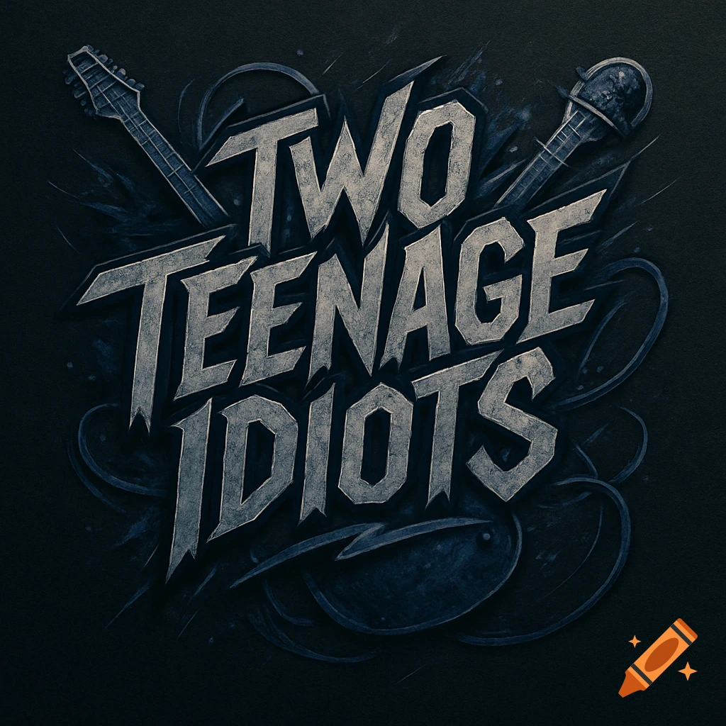 Dark, grungy logo for 'TWO TEENAGE IDIOTS' band, featuring metallic text, a guitar, and a microphone.