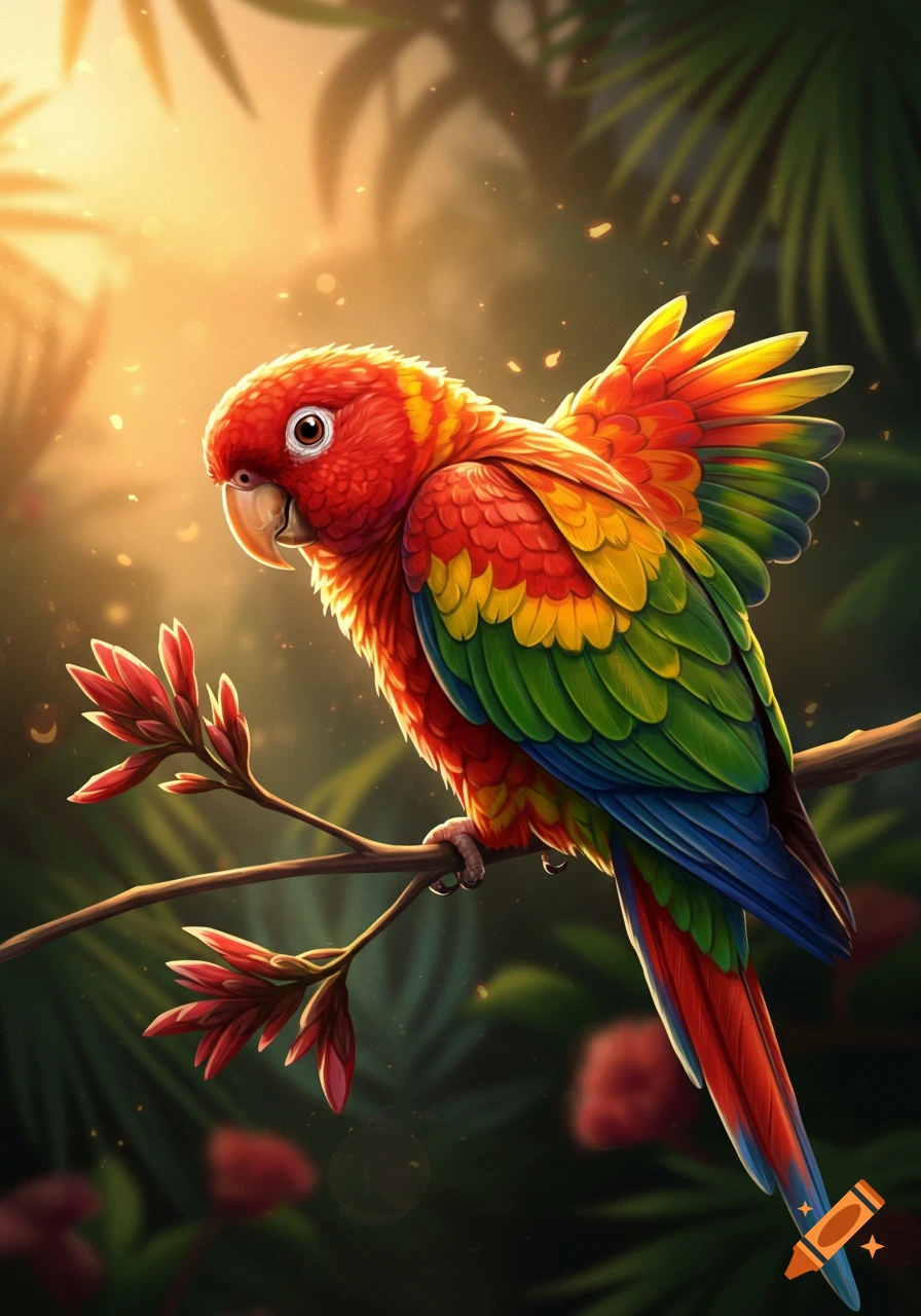 A vibrant, colorful conure parrot with rainbow feathers perches on a branch in a lush, sunlit jungle setting.