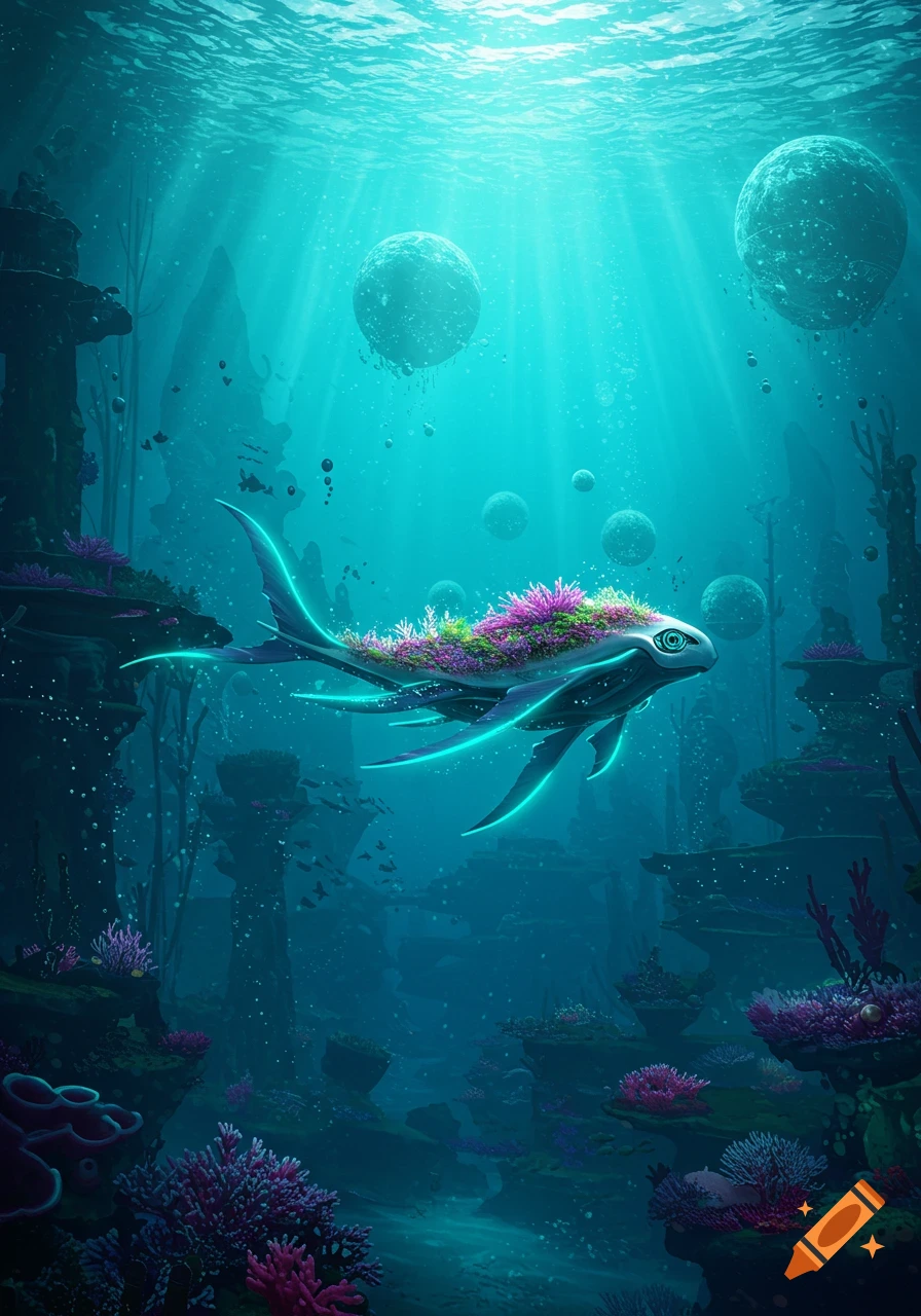 A bioluminescent whale-like creature covered in colorful flora swims through a vibrant, deep-sea coral reef with light rays.