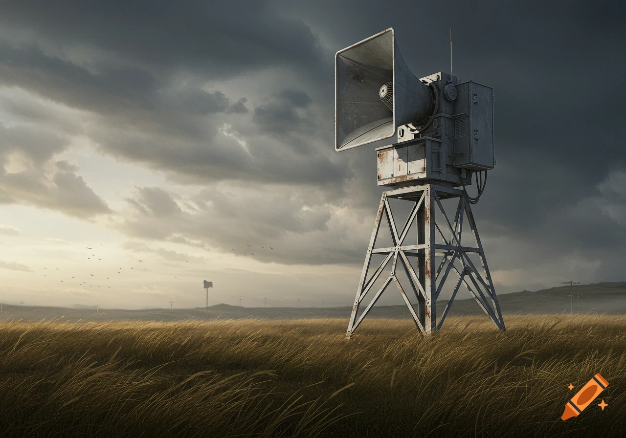 A large industrial warning siren on a metal tower in a vast grassy field under a stormy sky, photorealistic.