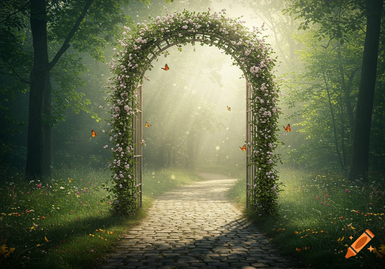 A stone path leads through a flower-covered archway into a misty, sunlit forest with butterflies.