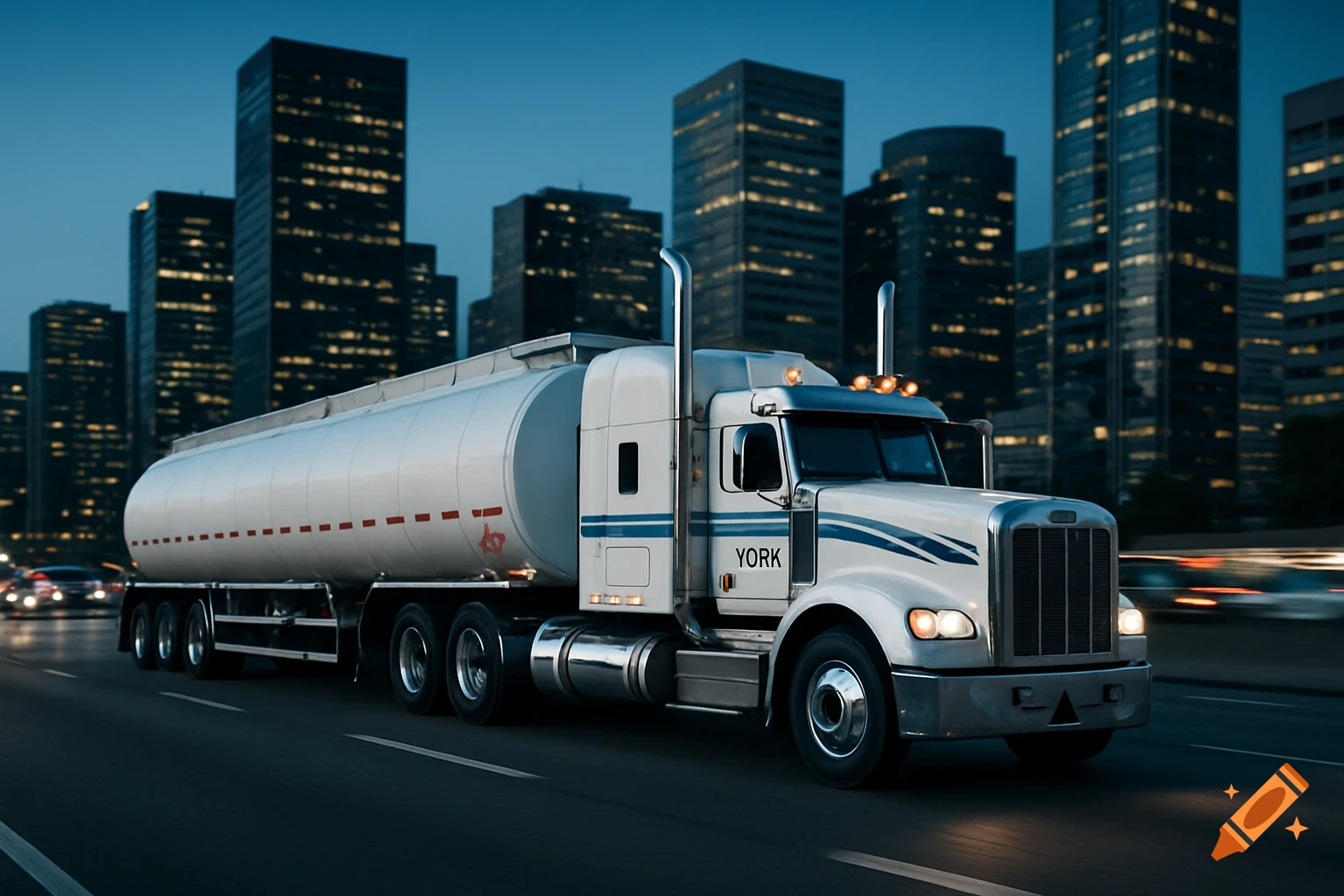 Photorealistic white tanker semi-truck on a city highway at dusk, with skyscrapers in the background.