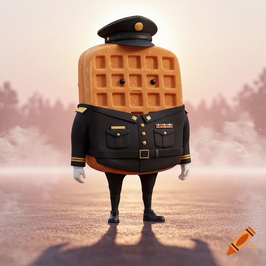 A cartoon waffle character wearing a black military uniform and a peaked cap stands outdoors, rendered in a 3D style.