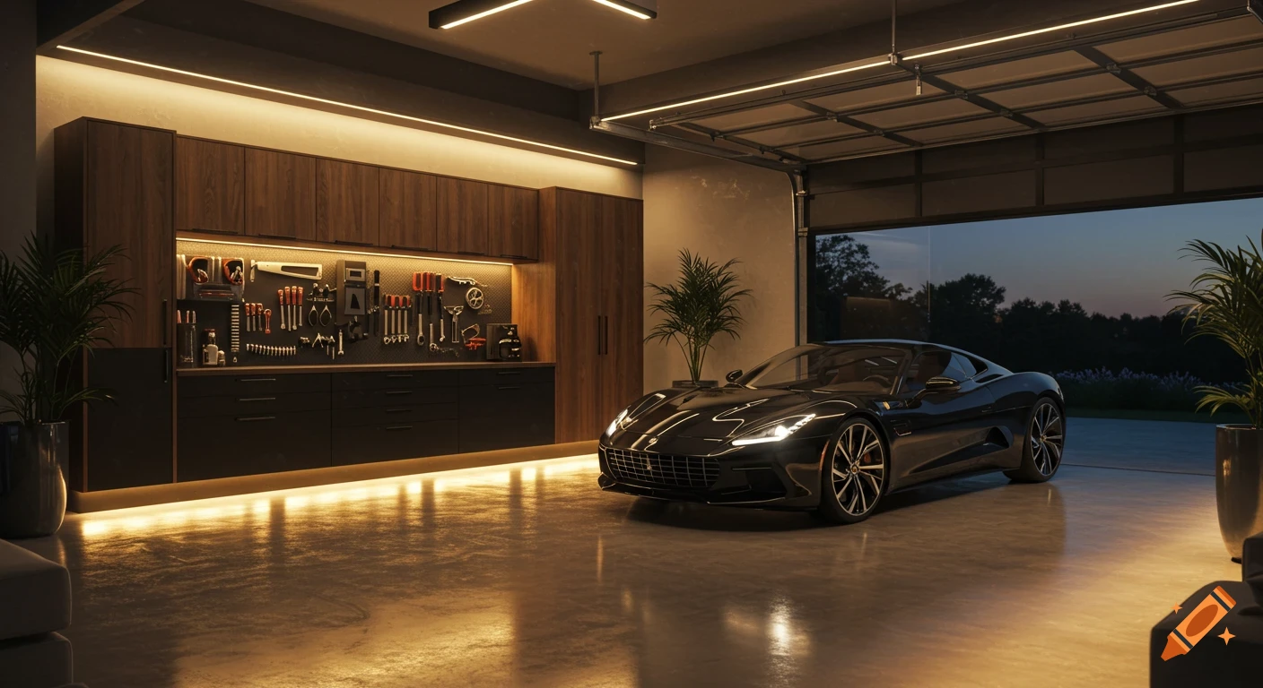 Photorealistic image of a luxurious private home garage with a sleek black sports car, custom wooden cabinetry, and warm LED lighting. Dusk outside.