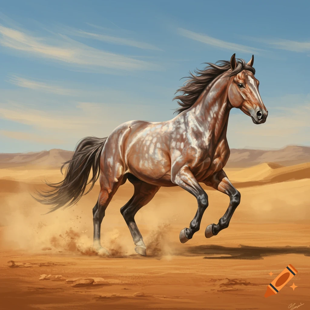 A brown and white spotted horse gallops through a sandy desert kicking up dust under a blue sky.