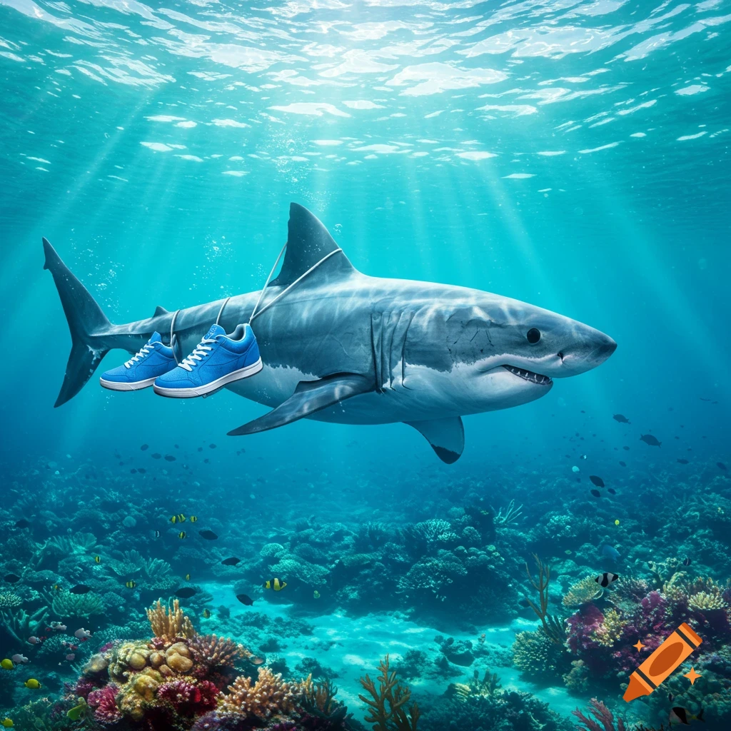 A great white shark swims underwater with two blue sneakers hanging from its dorsal fin, above a vibrant coral reef.