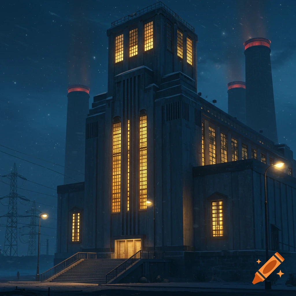 An industrial power plant with multiple illuminated windows and smokestacks against a starry night sky, with power lines.
