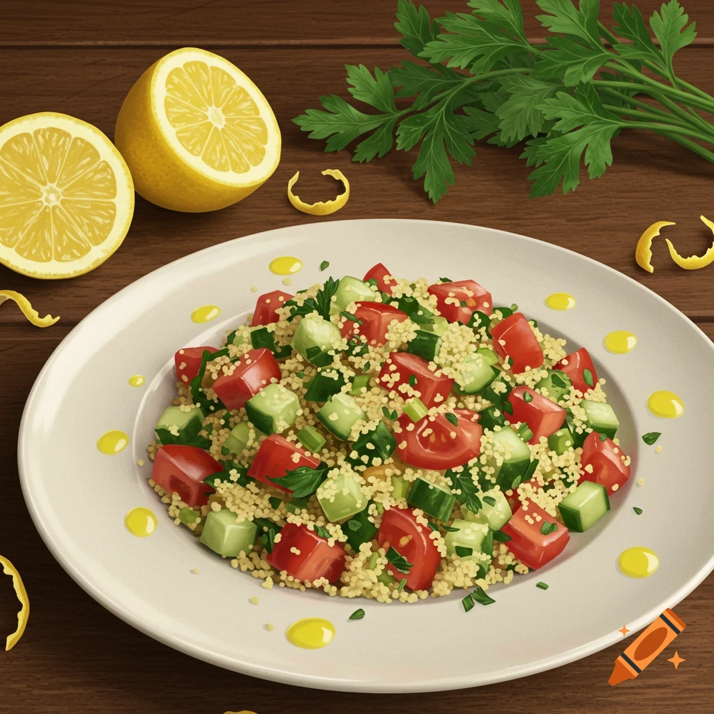 Illustrative overhead view of tabbouleh salad with diced tomatoes, cucumbers, parsley, olive oil drops, lemons, and lemon zest on a wooden table.