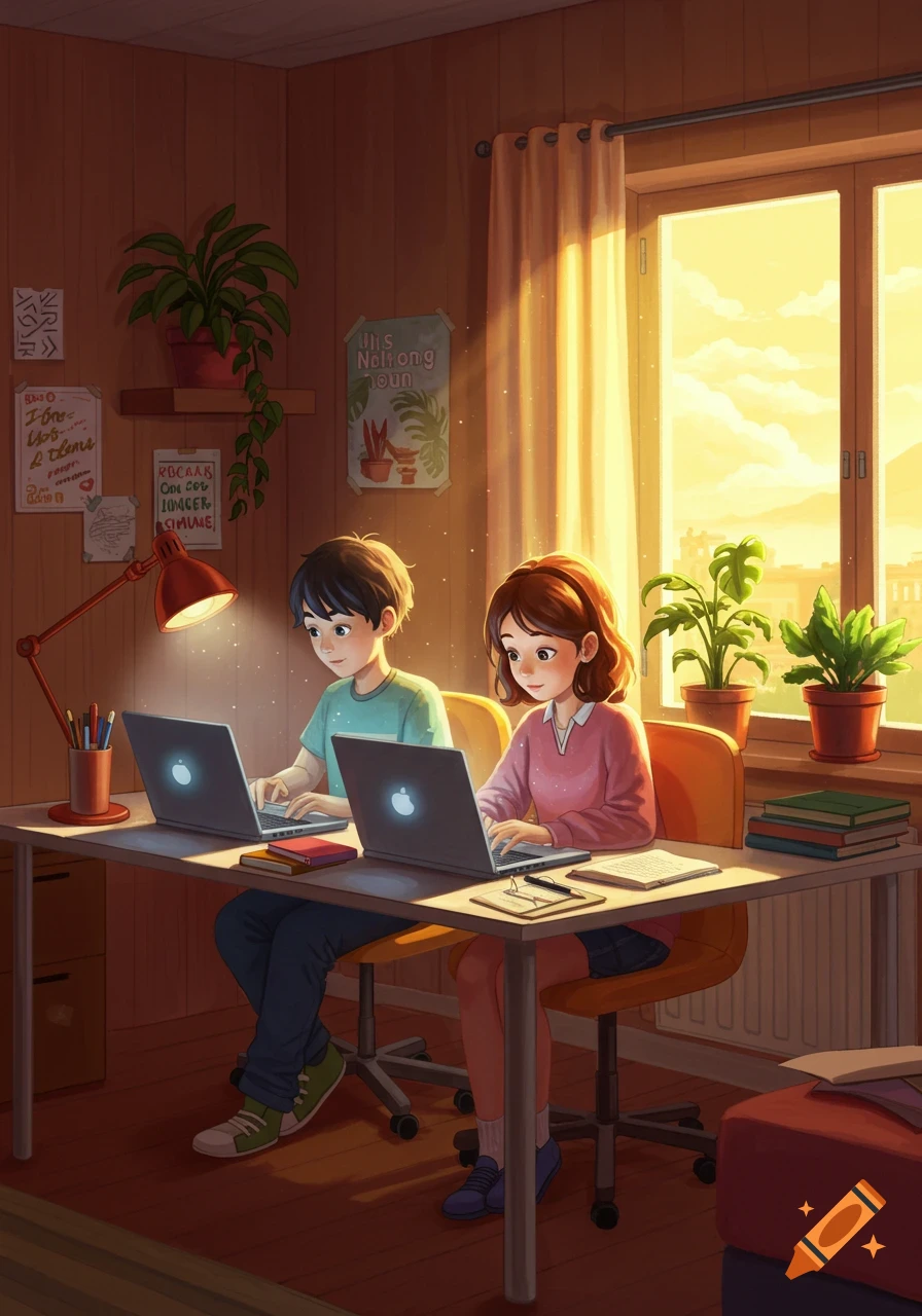 Two children, a boy and a girl, sit at a desk with laptops, studying in a brightly lit room with plants and posters, in an anime illustration style.