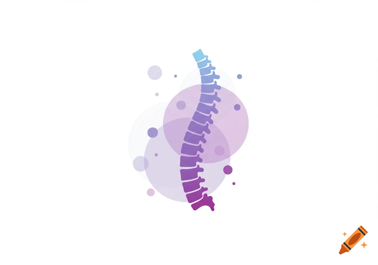 Abstract vector illustration of a human spinal column with a blue to purple gradient, surrounded by translucent purple and grey circles on a white background.