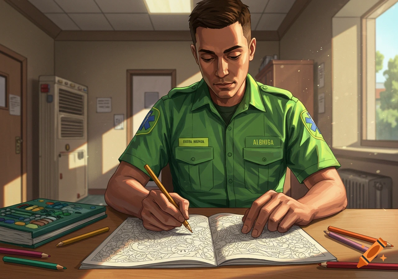 An illustration of a male paramedic in a green uniform concentrating while coloring in an intricate coloring book on a wooden table.