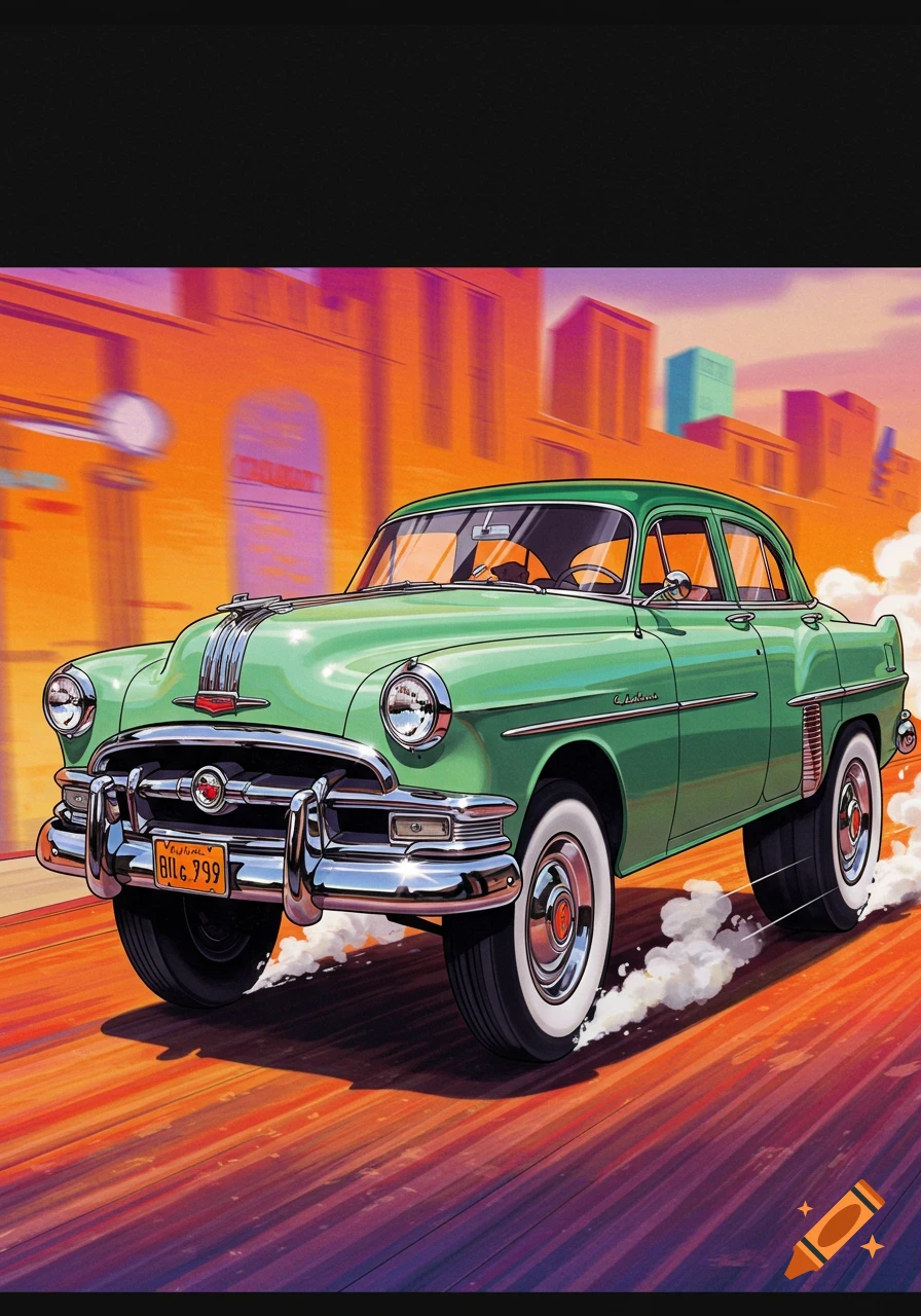 A vibrant green 1951 Pontiac Chieftain sedan drives through a stylized city street with motion blur, in a cartoon style.