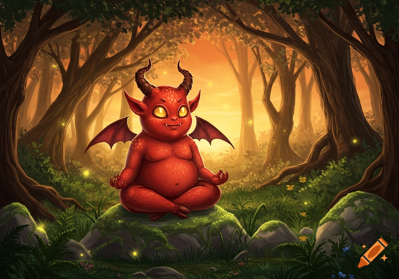Cute red imp with horns and wings meditating on a mossy rock in a magical forest at sunset, illustrated.