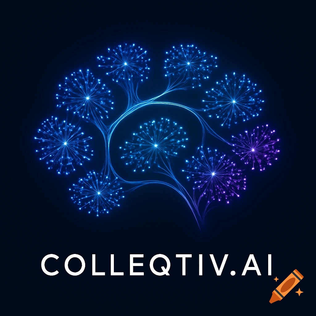 Glowing abstract brain-like neural network in blue and purple, with 'COLLEQTIV.AI' text, on a dark background.