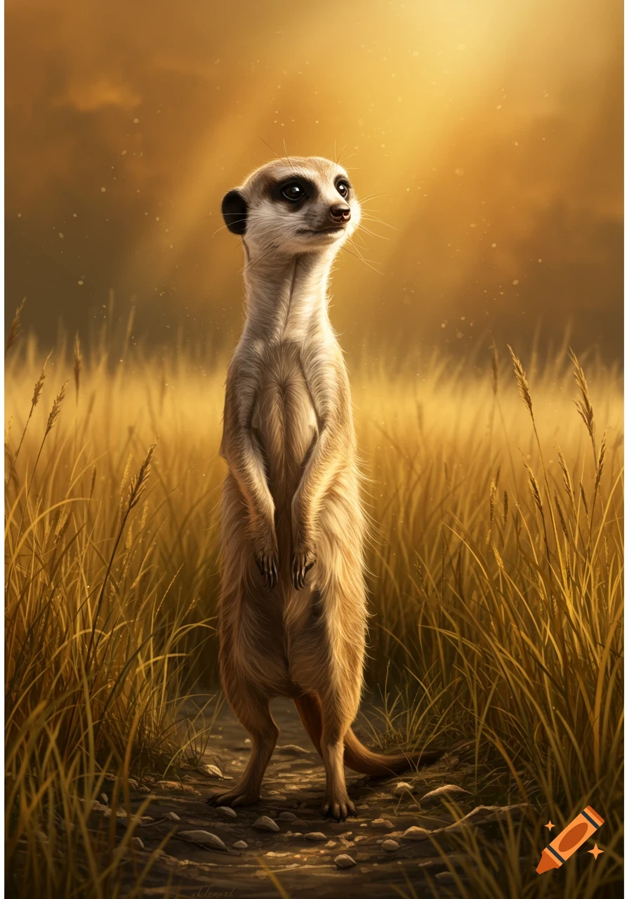 A photorealistic meerkat stands tall in a golden grassy field under a bright, warm sky.