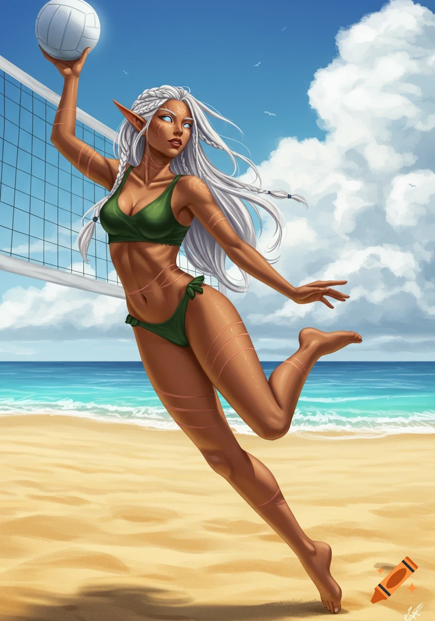 A fantasy elf woman with silver hair and glowing blue eyes in a green bikini plays volleyball on a sunny beach, digital art.