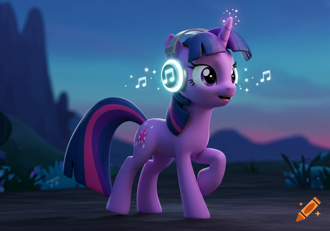 3D animated Twilight Sparkle, a purple unicorn pony, wearing glowing headphones and smiling, with musical notes around her.
