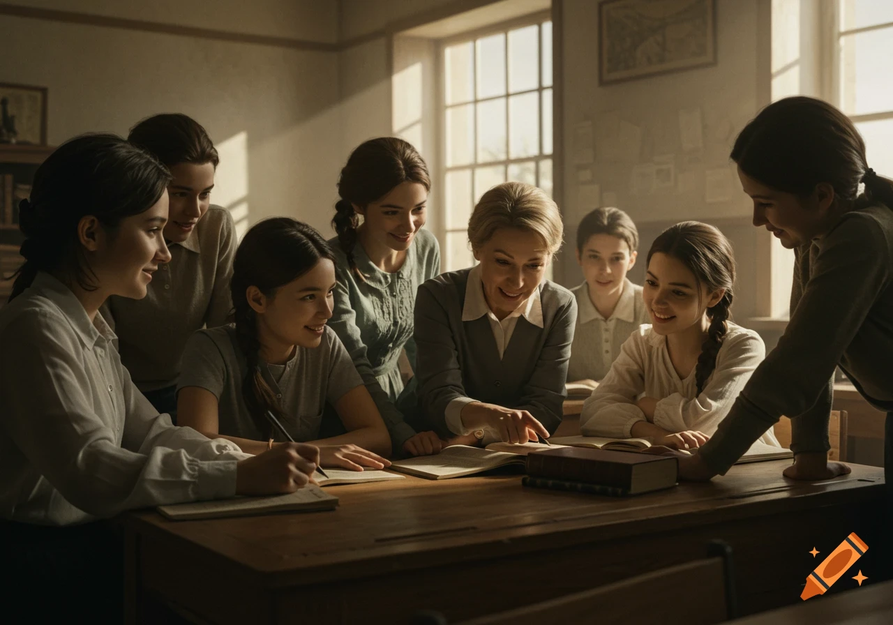 A teacher and students gather around a desk in a sunlit classroom, looking at a book and writing. Photorealistic style.