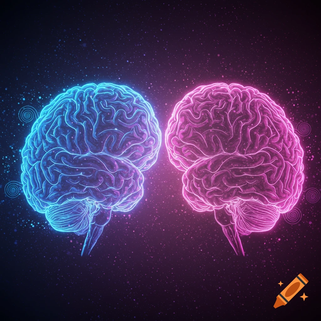 Two glowing brain outlines, one blue and one pink, against a dark, starry background.