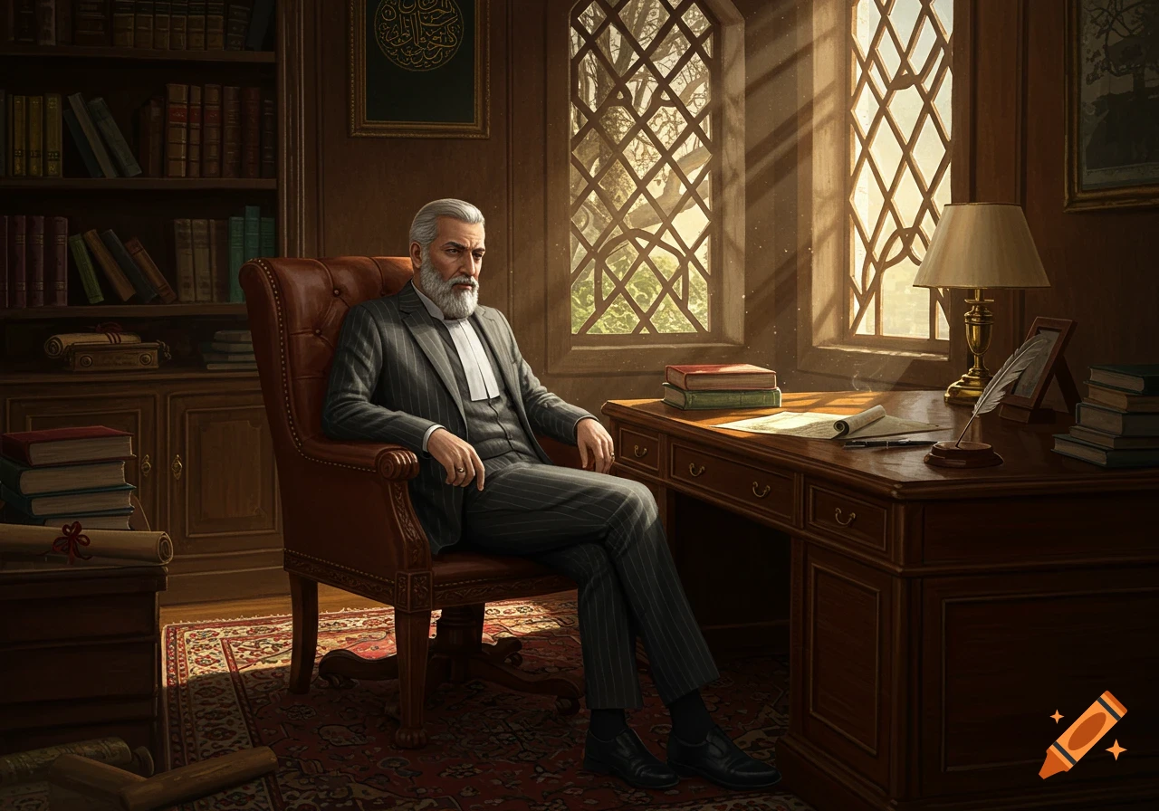 A grey-haired man in a pinstripe suit, resembling a lawyer, sits in a leather armchair in a sunlit ornate office.