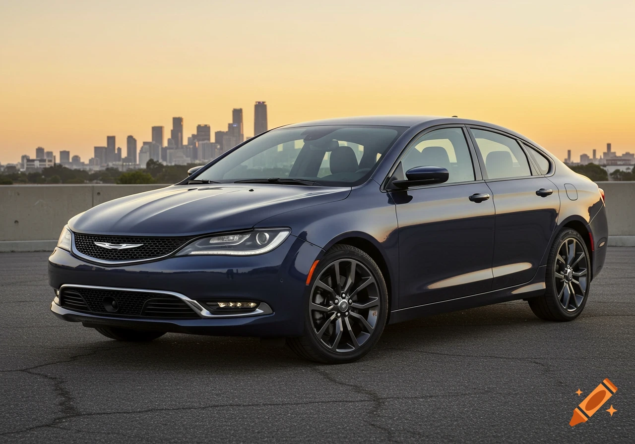 A dark blue Chrysler sedan parked on asphalt with a city skyline and an orange sunset in the background.