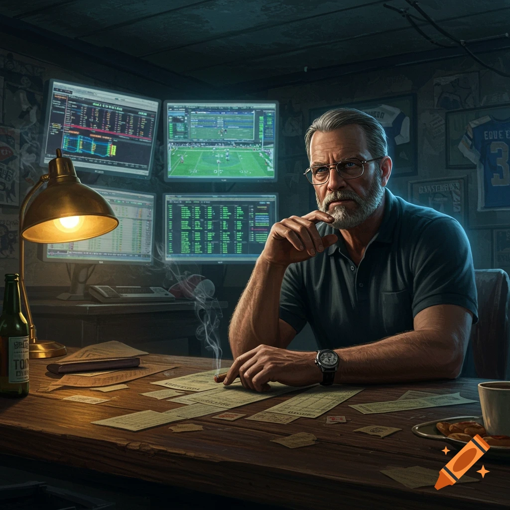 A serious, grey-haired man with glasses sits at a desk cluttered with papers, smoking a cigar. Behind him, multiple monitors display sports and data.