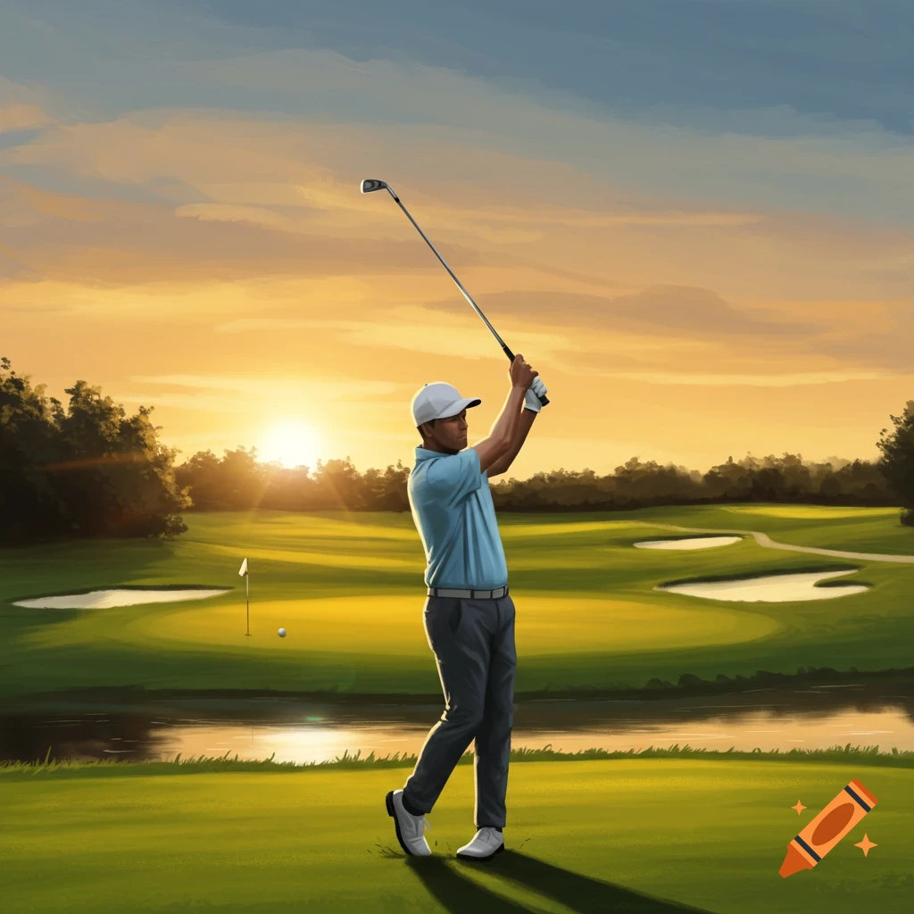 A golfer in a follow-through swing on a green golf course at sunset, casting long shadows. Painterly style.