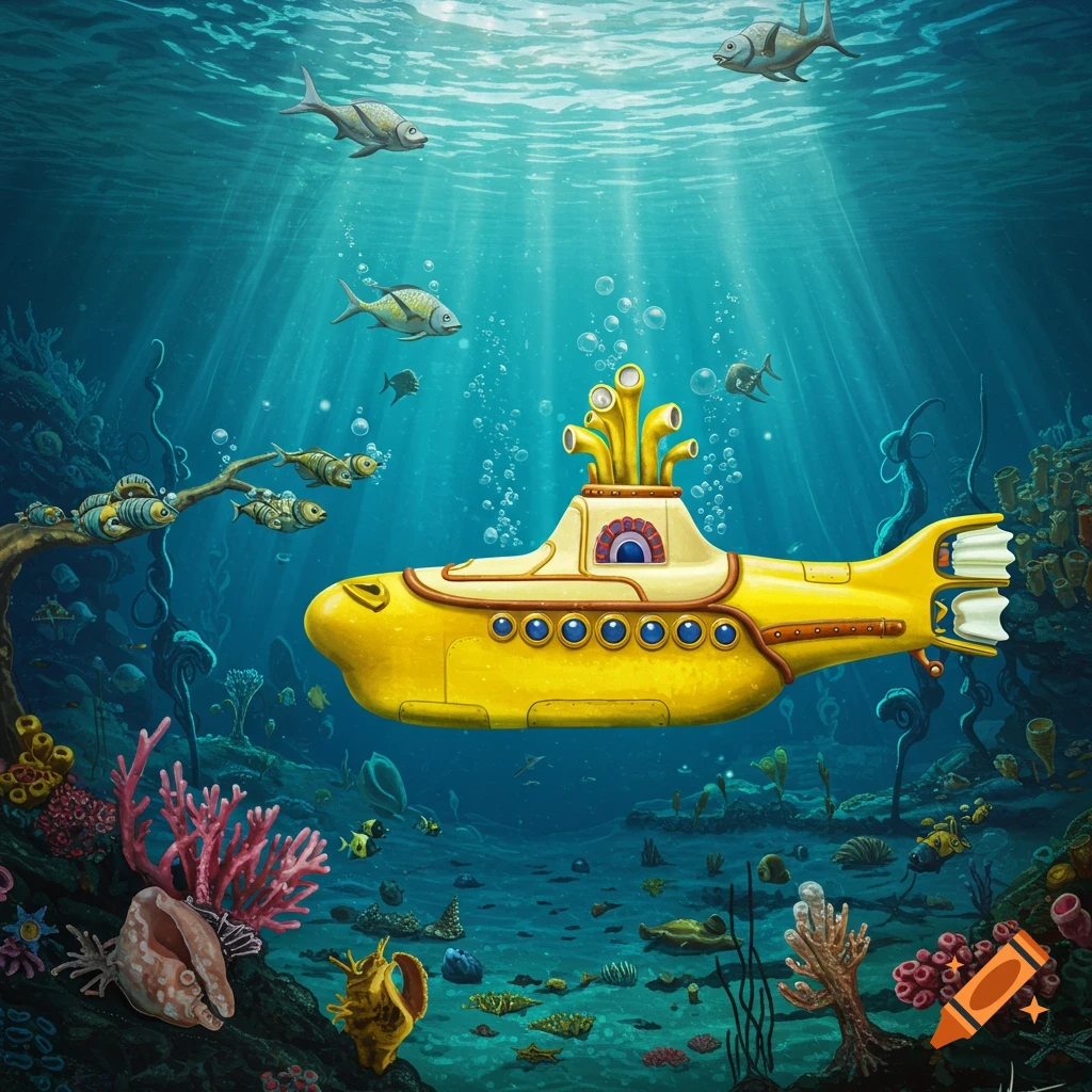 A vibrant yellow submarine navigates a colorful underwater scene with various fish, coral, and sunlight beaming through the water.