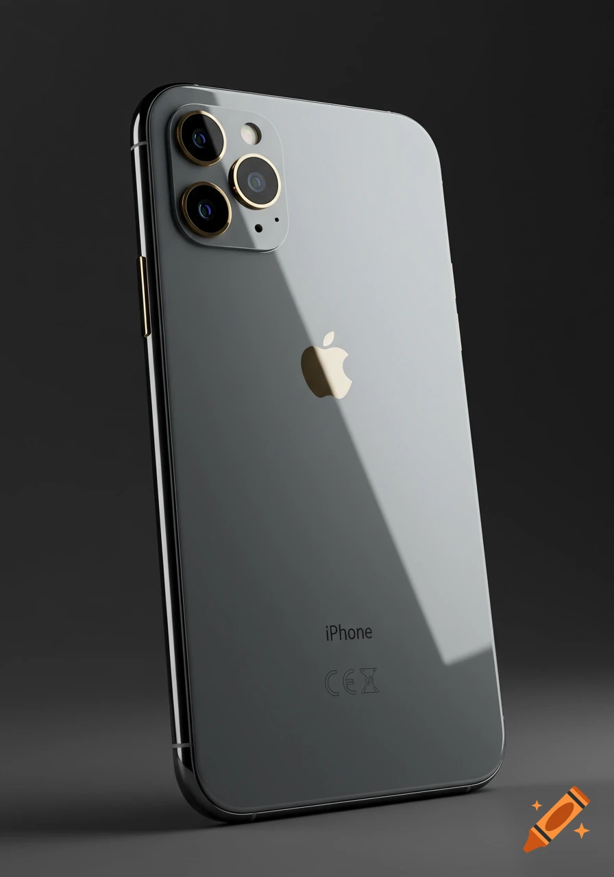 Close-up, angled view of the back of a dark gray iPhone with three camera lenses, Apple logo, and 'iPhone' text.