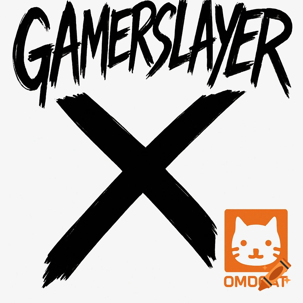 Black handwritten 'GAMERSLAYER' text above a large black 'X', with an orange square OMOCAT logo and 'OMDCAT' text.