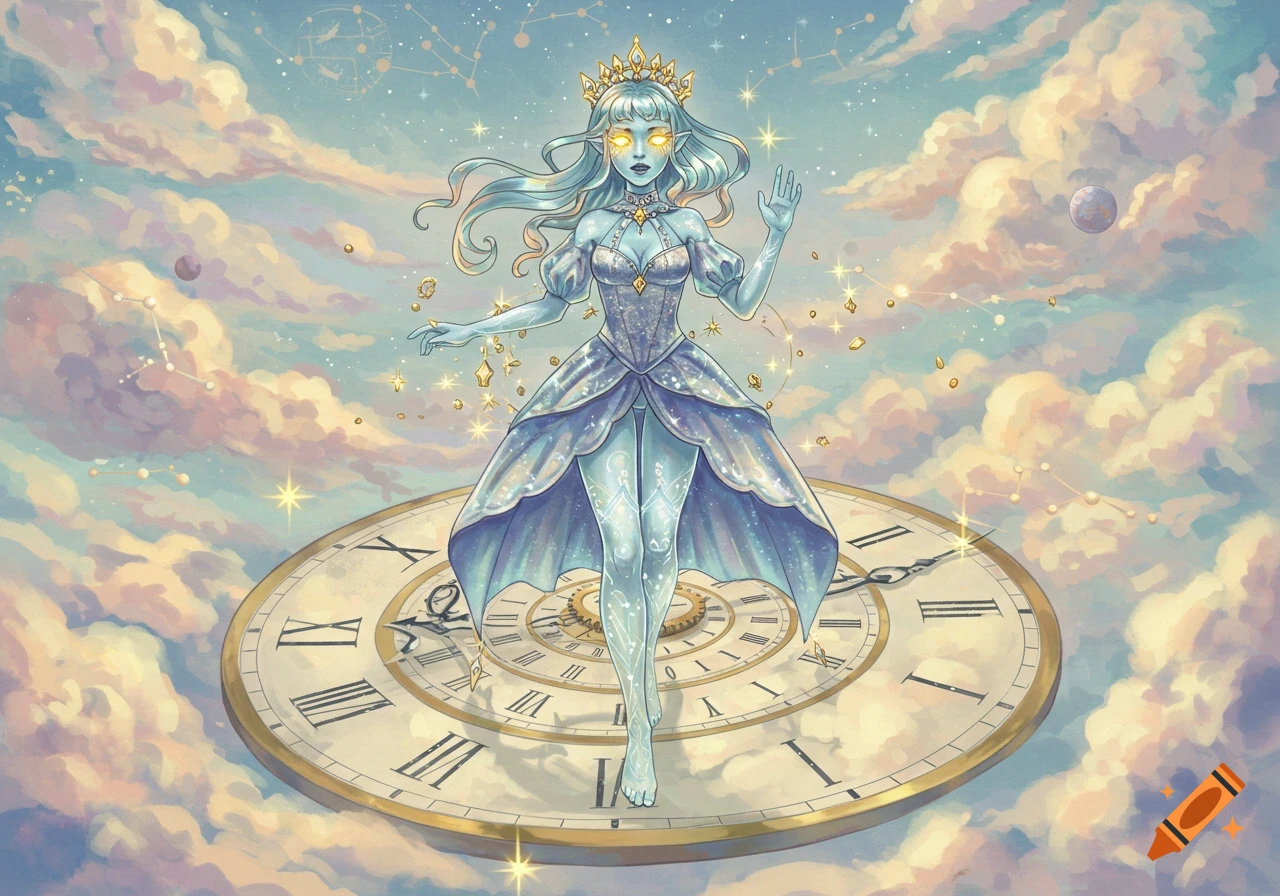 Ethereal woman with glowing eyes and a crown stands on a giant clock amidst a cosmic sky with clouds, stars, and planets.