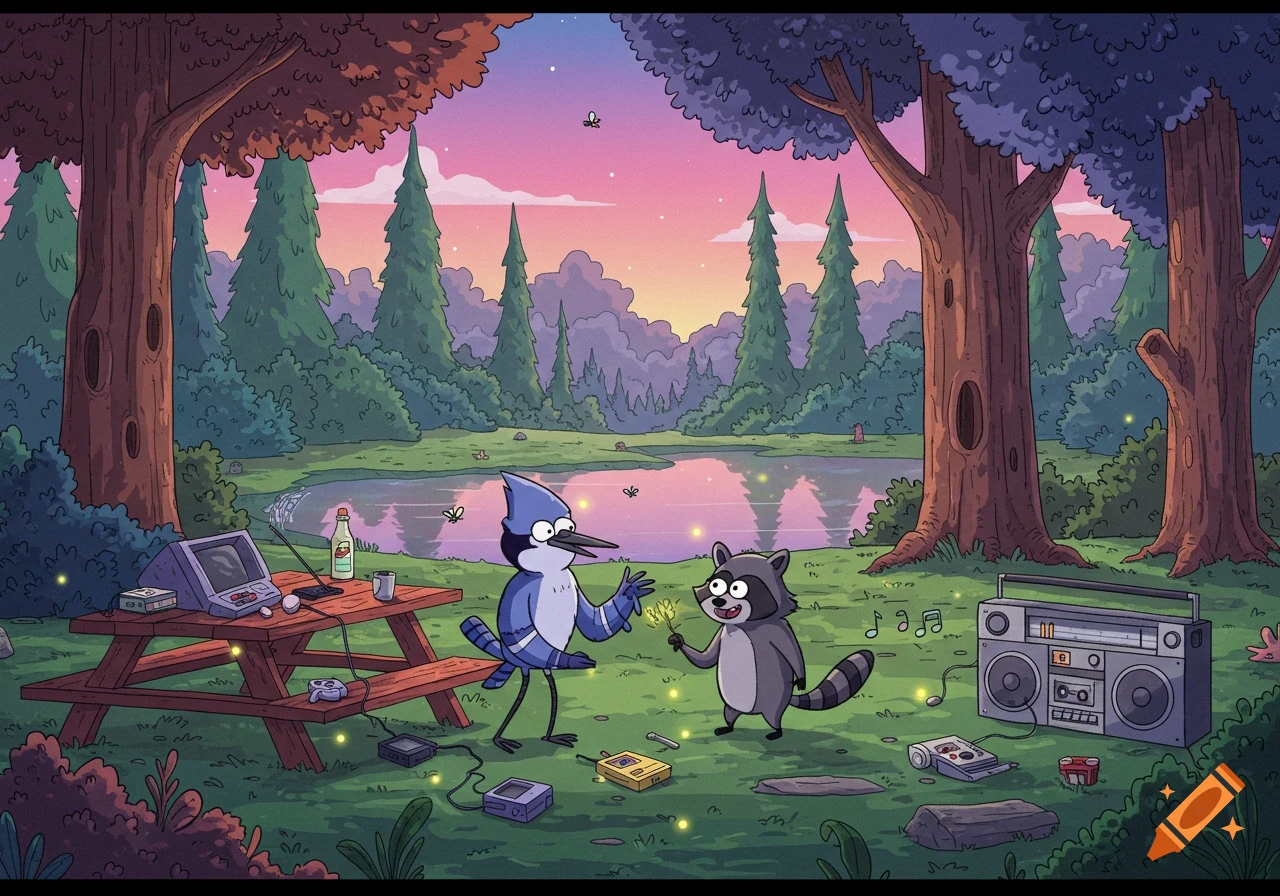 Cartoon blue jay Mordecai and raccoon Rigby in a forest by a pond at sunset, with a picnic table and boombox.