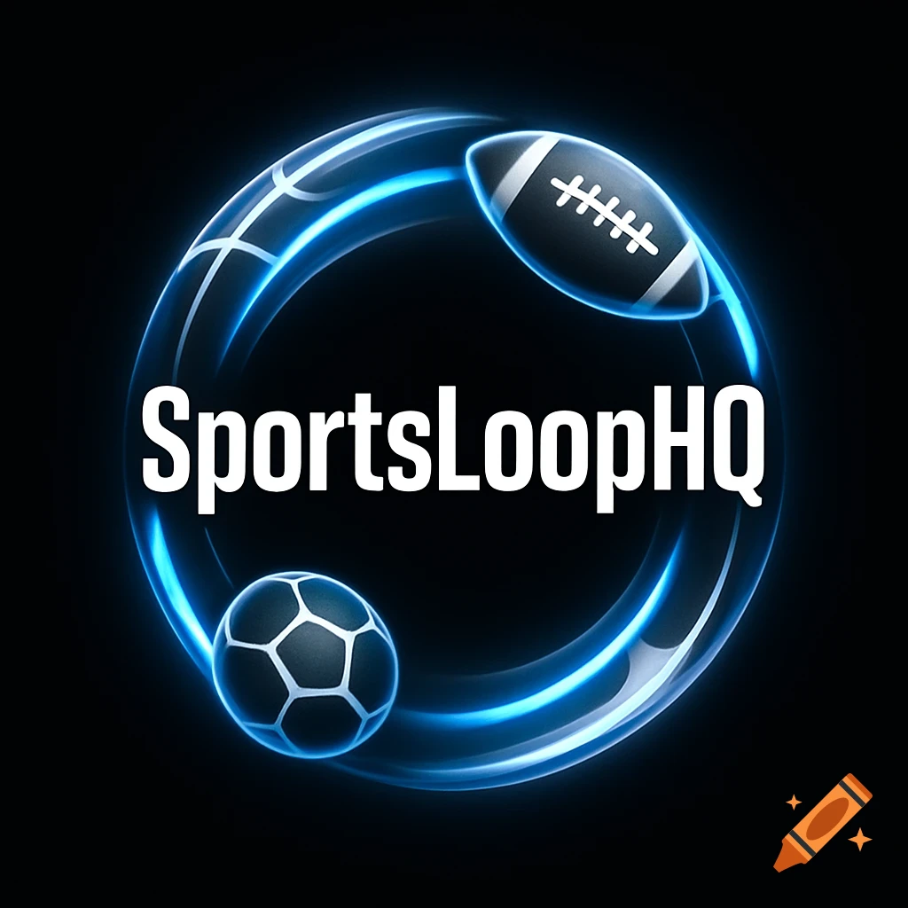 Sleek black logo for SportsLoopHQ with a neon blue glowing loop, abstract basketball, football, and soccer ball icons, futuristic style.