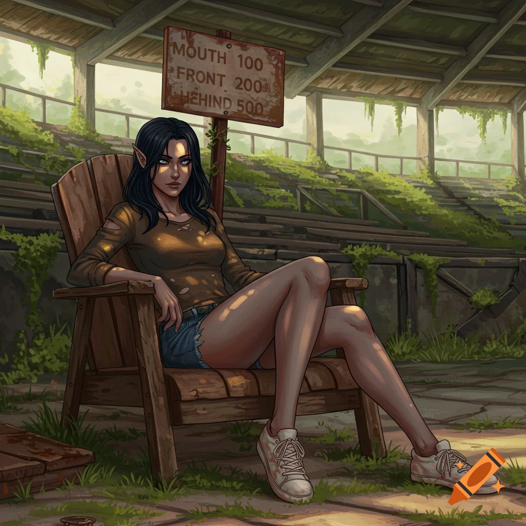 A dark-haired elf woman in a ripped brown shirt and shorts sits in a wooden chair in a ruined, overgrown stadium with a sign behind her.