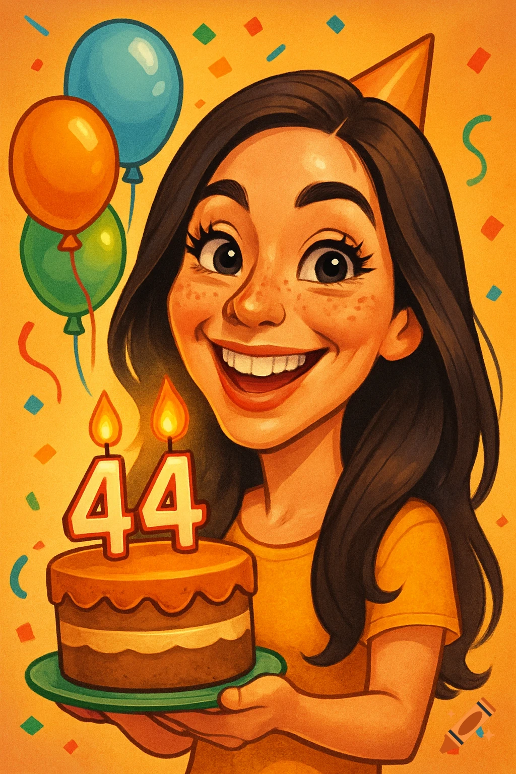 Cartoon girl with long dark hair and freckles, wearing a party hat, holding a birthday cake with '44' candles, surrounded by balloons and confetti.