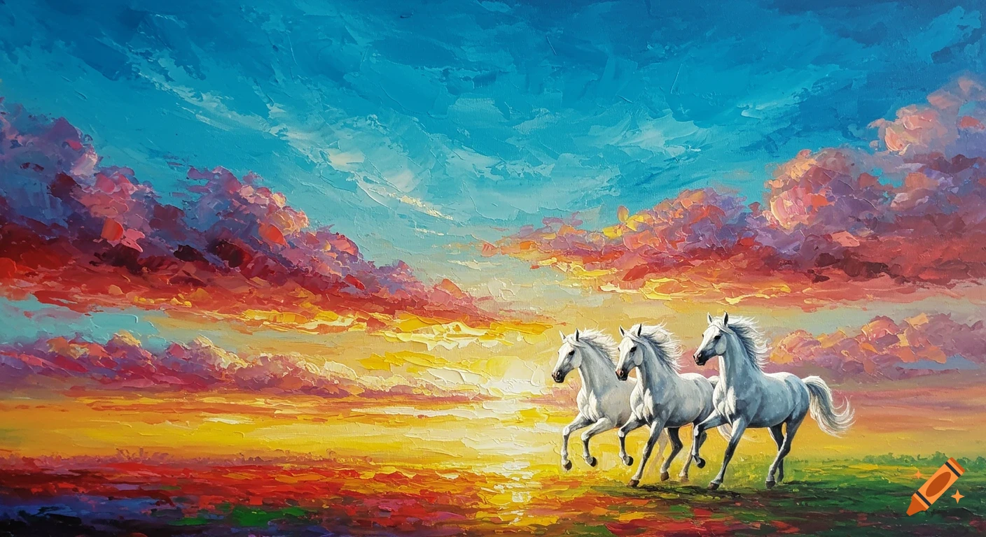 Three white horses gallop through a field at sunset, painted in a vibrant, textured palette knife style with a colorful sky.