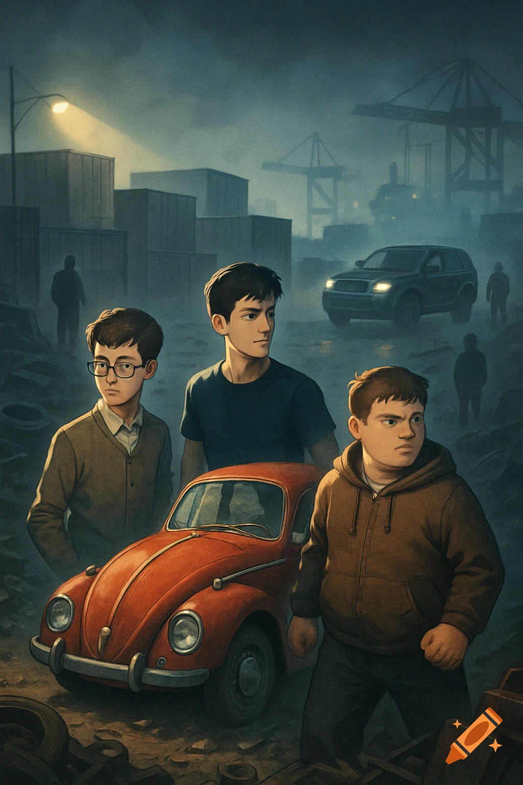Three boys stand with a red vintage car in a gloomy, misty port full of containers, in an illustrative style.
