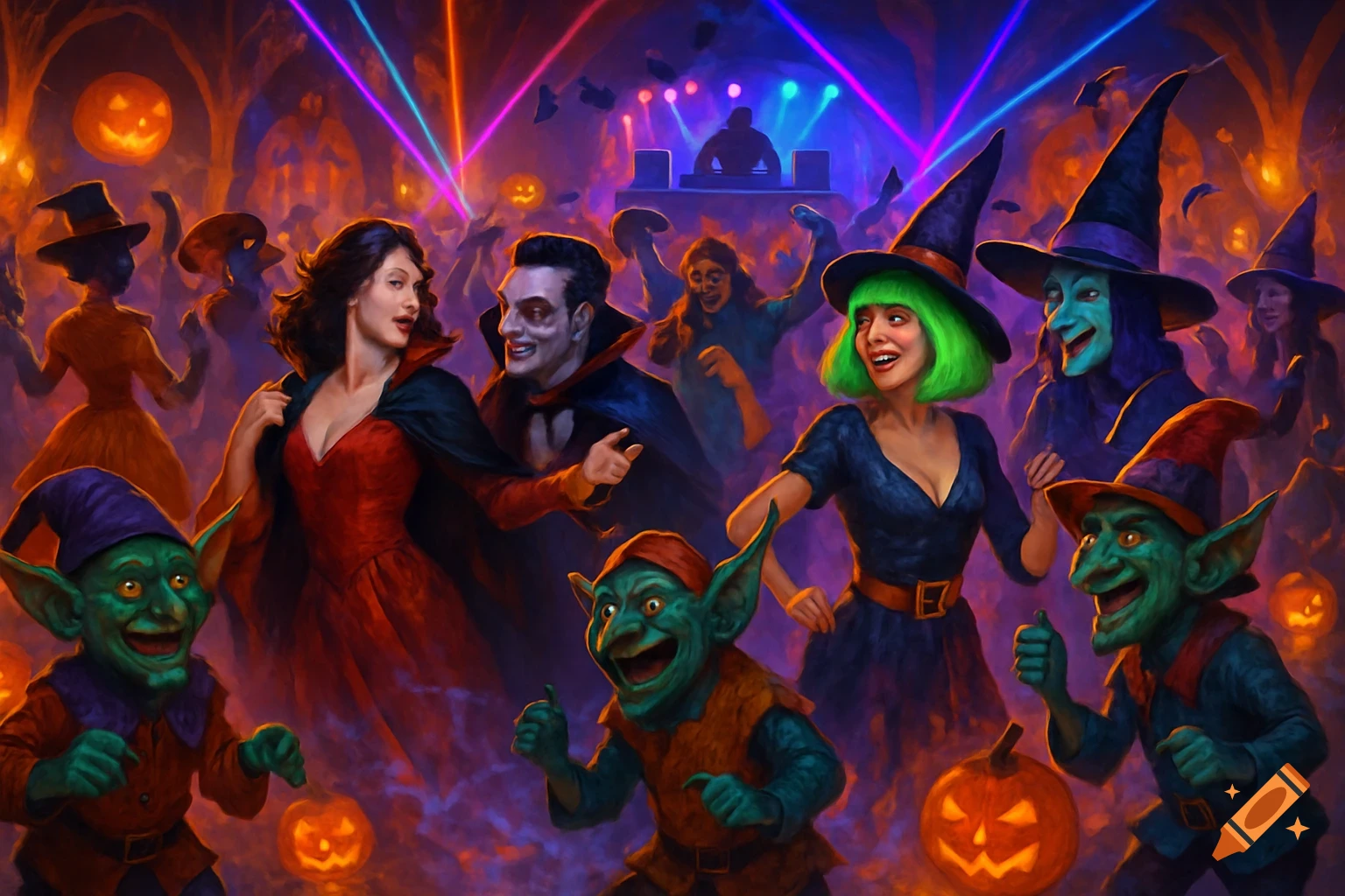 Vibrant Halloween party illustration with costumed people, witches, vampires, and goblins dancing amidst colorful lights and jack-o'-lanterns.