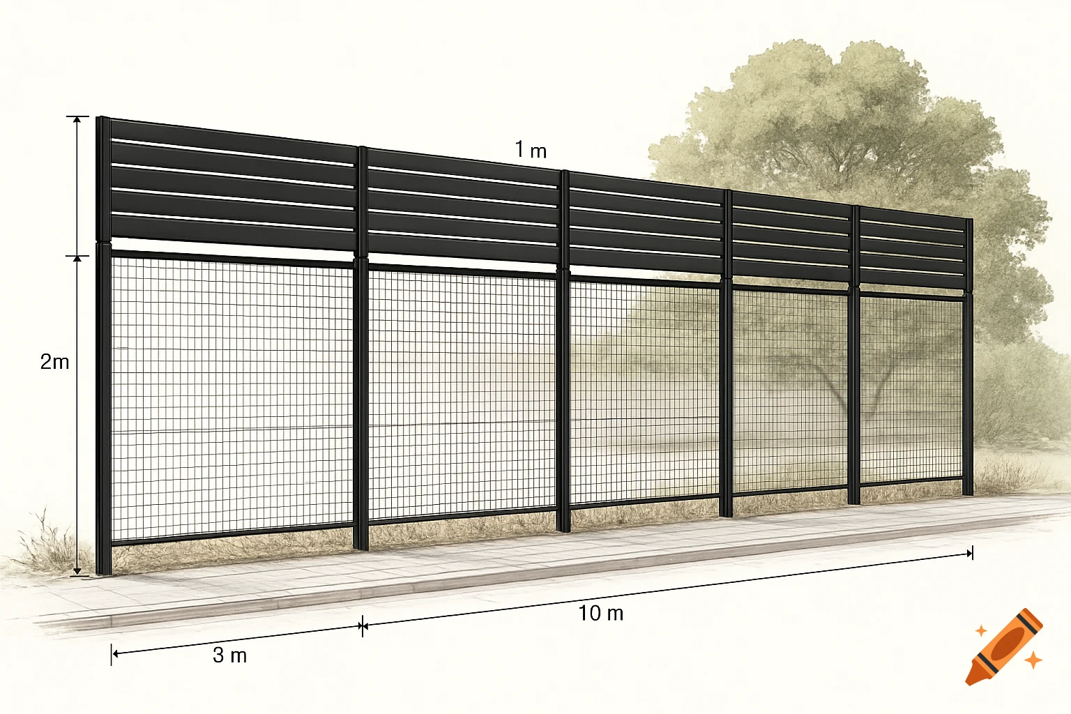 A technical diagram of a black fence with wire mesh and slatted panels, showing dimensions for height and length, with trees in the background.